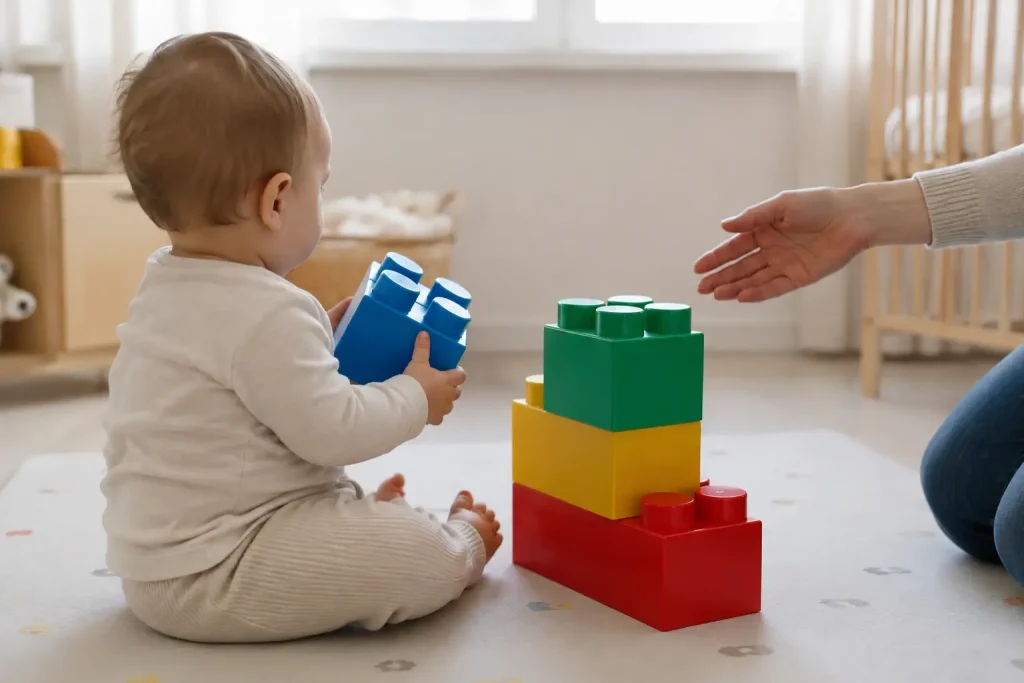 roczne dziecko bawiące się dużymi klockami na jasnej macie