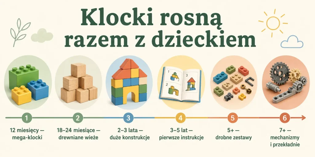 „Klocki rosną razem z dzieckiem”: 12 miesięcy — mega-klocki, 18–24 miesiące — drewniane wieże, 2–3 lata — duże konstrukcje, 3–5 lat — pierwsze instrukcje, 5+ — drobne zestawy, 7+ — mechanizmy i przekładnie