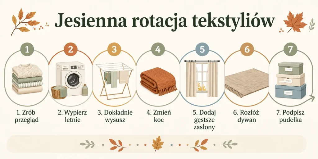 „Jesienna rotacja tekstyliów”: przegląd, pranie, suszenie, zmiana koca, gęstsze zasłony, powrót dywanu, podpisane pudełka