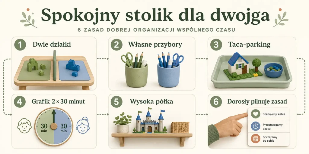 „Spokojny stolik dla dwojga”: dwie działki, własne przybory, taca-parking, grafik 2 × 30 minut, wysoka półka, dorosły pilnuje zasad