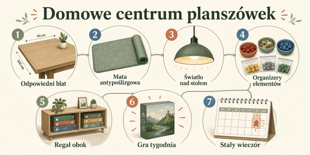 „Domowe centrum planszówek”: odpowiedni blat, mata antypoślizgowa, światło nad stołem, organizery elementów, regał obok, gra tygodnia, stały wieczór