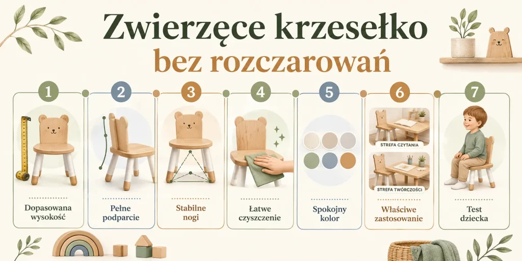 „Zwierzęce krzesełko bez rozczarowań”: dopasowana wysokość, pełne podparcie, stabilne nogi, łatwe czyszczenie, spokojny kolor, właściwe zastosowanie, test dziecka