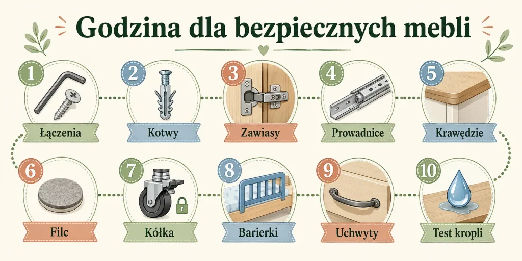 „Godzina dla bezpiecznych mebli”: łączenia, kotwy, zawiasy, prowadnice, krawędzie, filc, kółka, barierki, uchwyty, test kropli